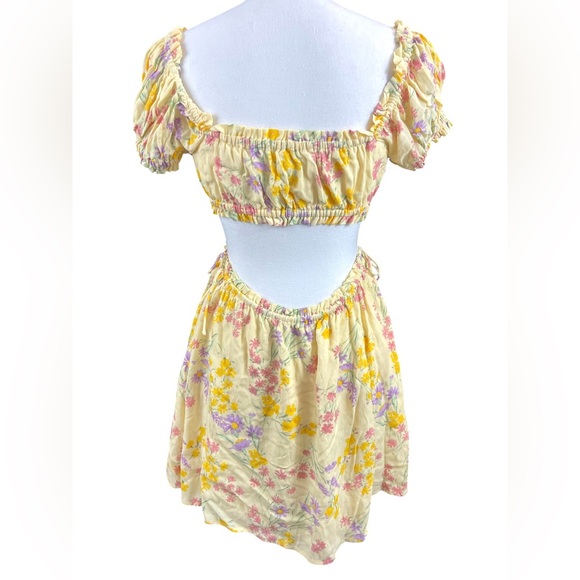 Sabo Skirt Lashara Yellow Crepe Milkmaid Floral Mini Dress coquette romantic - Picture 8 of 12
